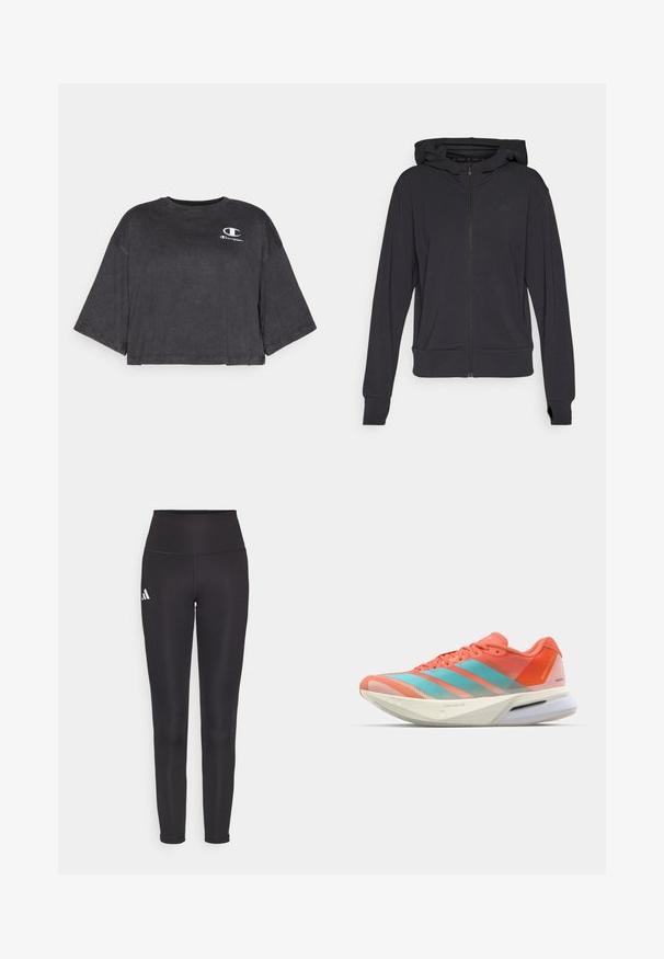 Černá mikina na zip vyrobená z měkké látky, s kapucí, dlouhými rukávy a decentním logem na levé části hrudi.; Zkrácené černé bavlněné tričko s kulatým výstřihem a širokými rukávy, s malým bílým logem Champion na hrudi.; Černé legíny s vysokým pasem vyrobené z elastického materiálu. Na levé straně mají bílé logo a elegantní, bezešvou konstrukci. Hladká textura.; Běžecká obuv s prodyšným síťovaným svrškem v korálové a akvamarínové barvě, se třemi pruhy, polstrovanou podrážkou a štíhlým designem.