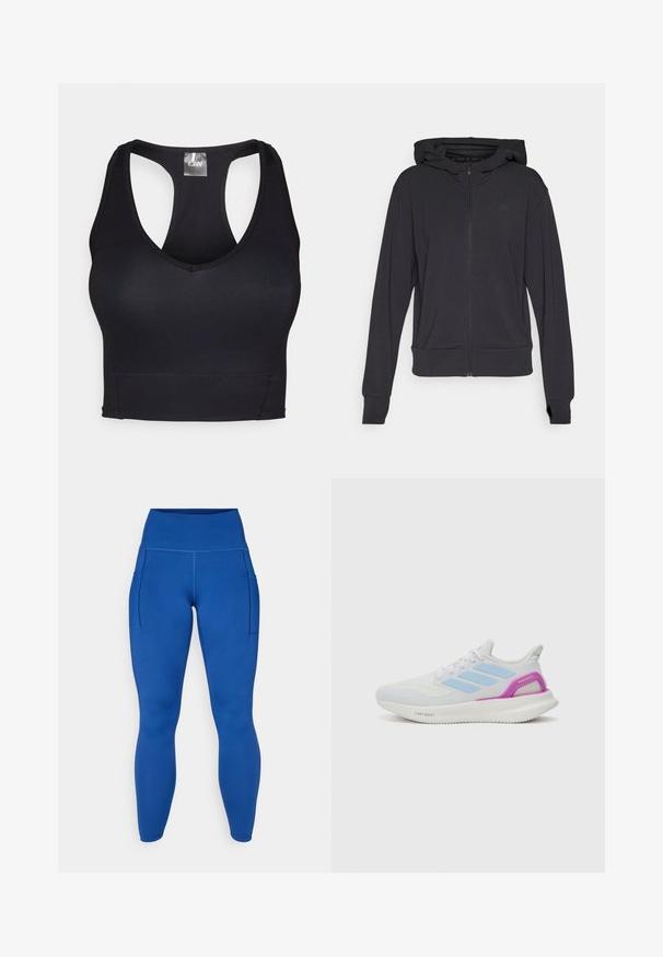 Melns zip-up džemperis, izgatavots no mīksta auduma, ar kapuci, garām piedurknēm un smalku logo kreisajā krūšu daļā.; Melna sporta krūšturis ar V veida kakla izgriezumu un sacīkšu aizmuguri. Izgatavots no gludas, elastīgas auduma ar plakanām šuvēm komfortam un atbalstam.; Zilas augstās jostasvietas legingi ar gludu, elastīgu audumu, kas aprīkoti ar sānu kabatām un plakanām šuvēm papildus komfortam un stilam.; adidas Performance PUREBOOST 5 - Apavi skriešanai pa asfaltu - white/glow blue/purple burst