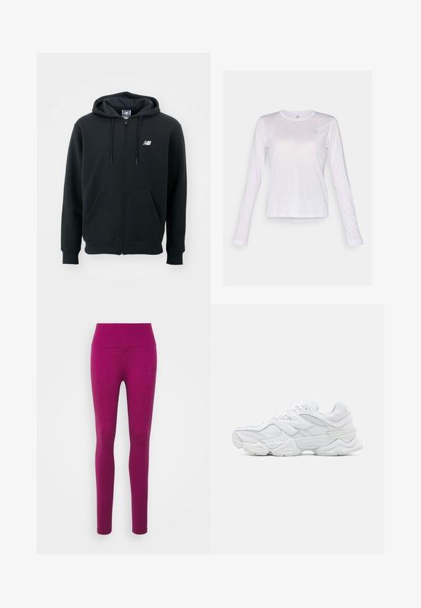 Sudadera con cremallera negra, capucha con cordón, bolsillos frontales, puños acanalados y un pequeño logo blanco en el lado izquierdo del pecho. Material suave de mezcla de algodón.; New Balance ATHLETICS LONG SLEEVE - Camiseta de manga larga - taro heather; Leggings ajustados en un vibrante tono magenta, fabricados con una tela suave y elástica. Cuentan con una cintura alta y un diseño sin costuras.; Zapatillas deportivas blancas con una parte superior de malla y cuero, punta redondeada, diseño en capas y suela acolchada para mayor comodidad.