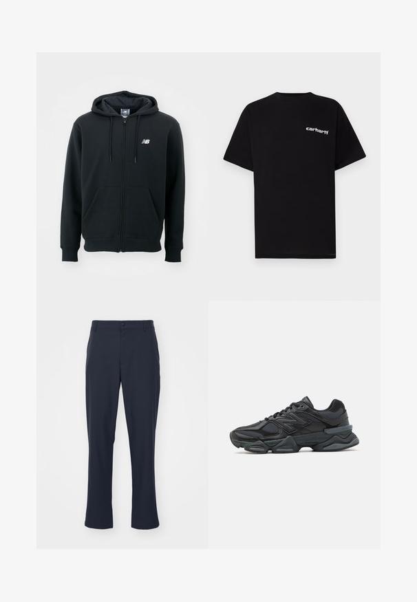 Juoda zip-up džemperis su raišteliu ant kapo, priekinėmis kišenėmis, gumele apdirbtomis rankovėmis ir maža balta logo ant kairės krūtinės. Minkšta medvilnės mišinio medžiaga.; Juoda medvilninė marškinėliai su trumpomis rankovėmis, apvalia apykakle ir baltu „Carhartt“ logotipu ant kairės krūtinės. Lygus paviršius, minimalistinis dizainas.; Jūros mėlynos, pritaikytos kelnės iš poliesterio mišinio. Pasižymi mygtukų uždarymu, šoninėmis kišenėmis ir tiesiomis kojomis.; Juodas bėgimo batelis, pagamintas iš tinklinės ir sintetinės medžiagos, turintis stambų pado dizainą, kreivą formą ir ryškią prekės ženklą šone.