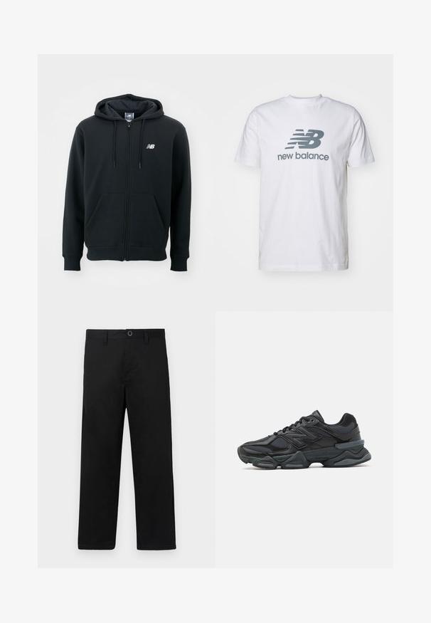 Černá mikina s kapucí na zip, se stahovací šňůrkou, předními kapsami, žebrovanými manžetami a malým bílým logem na levé straně hrudi. Měkký materiál z bavlněné směsi.; Bílý bavlněný tričko s šedým logem "NB" a textem "new balance", krátké rukávy, klasický design s kruhovým výstřihem, hladká textura.; Černé bavlněné kalhoty s rovným střihem, mají standardní pás, poutka na opasek a zapínání na jeden knoflík. Hladká textura, bez vzorů.; Černá běžecká bota s kombinací síťoviny a syntetických materiálů, masivní podešev, zakřivený design a výrazné logo na boku.