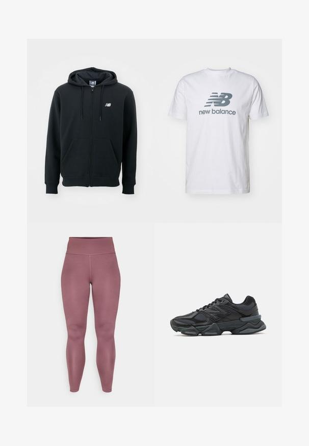 Juoda zip-up džemperis su raišteliu ant kapo, priekinėmis kišenėmis, gumele apdirbtomis rankovėmis ir maža balta logo ant kairės krūtinės. Minkšta medvilnės mišinio medžiaga.; Balta medvilninė marškinėlių su pilku "NB" logotipu ir "new balance" tekstu, trumpomis rankovėmis, klasikinio apvalaus iškirpimo dizainas, lygus paviršius.; Minkštos aukštos kedai mėlynais atspalviais, pagaminti iš tamprios, lygaus audinio, be siūlių ir matomų siūlių ant kojų.; Juodas bėgimo batelis, pagamintas iš tinklinės ir sintetinės medžiagos, turintis stambų pado dizainą, kreivą formą ir ryškią prekės ženklą šone.