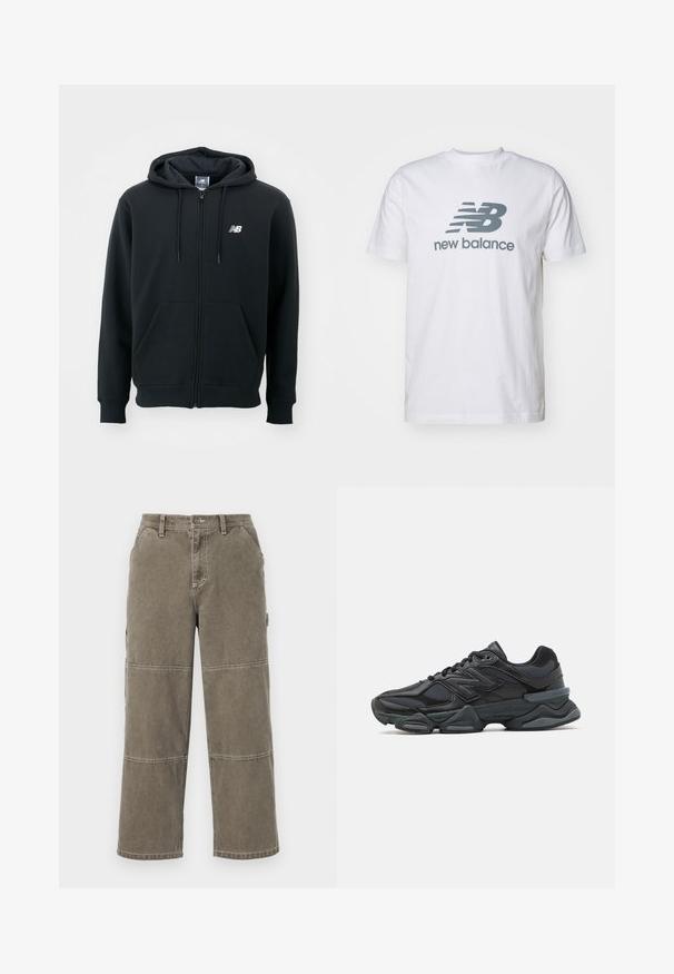 Černá mikina s kapucí na zip, se stahovací šňůrkou, předními kapsami, žebrovanými manžetami a malým bílým logem na levé straně hrudi. Měkký materiál z bavlněné směsi.; Bílý bavlněný tričko s šedým logem "NB" a textem "new balance", krátké rukávy, klasický design s kruhovým výstřihem, hladká textura.; Kapsáčové kalhoty z bavlny v tlumené olivově zelené barvě s širokými nohavicemi, dvojitými švy a bočními kapsami, s knoflíkovým zapínáním a poutky na pásek.; Černá běžecká bota s kombinací síťoviny a syntetických materiálů, masivní podešev, zakřivený design a výrazné logo na boku.