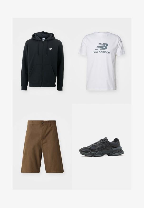 Schwarzer Reißverschluss-Hoodie mit einer Kapuze mit Kordelzug, vorderen Taschen, gerippten Bündchen und einem kleinen weißen Logo auf der linken Brust. Weiches Baumwollmischgewebe.; Weißes Baumwoll-T-Shirt mit einem grauen "NB"-Logo und "new balance"-Text, kurzen Ärmeln, klassischem Rundhalsausschnitt und glatter Textur.; Braune Baumwollshorts mit geradem Schnitt, mit einem Knopfverschluss vorne, Gürtelschlaufen und Seitentaschen. Glatte Textur und saubere Nähte.; Schwarzer Laufschuh mit einer Mischung aus Mesh- und sinthetischen Materialien, dicke Sohle, geschwungenes Design und auffälliger Markenkennzeichnung an der Seite.