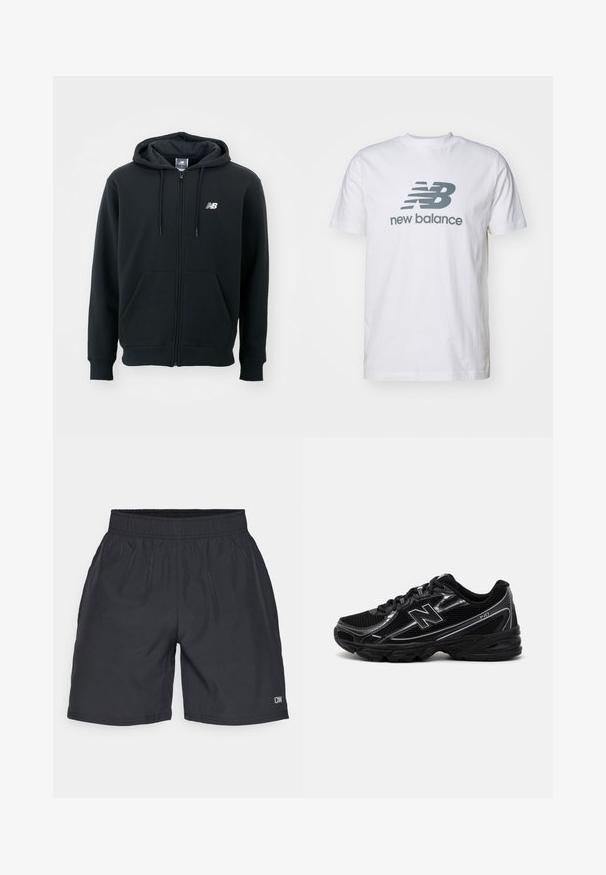 Melnā kapuce ar rāvējslēdzēju, ar regulējamu kapuci, priekšējām kabatām, ribotām aprocēm un mazu balto logotipu kreisajā krūtī. Mīksts kokvilnas sajaukuma materiāls.; Balta kokvilnas t-kreklu ar pelēku "NB" logo un "new balance" tekstu, īsām piedurknēm, klasiskā apaļā kakla dizainā, gluda tekstūra.; Melnas sporta šortos ar elastīgu jostu, gludu faktūru un smalku logotipa akcentu apakšējā labajā stūrī.; Melnas sporta kurpes ar acs materiālu augšdaļu, sudraba akcentiem, mīkstu zoli un auklām. Iespējams, apaļš purngalis un strukturēta zole.