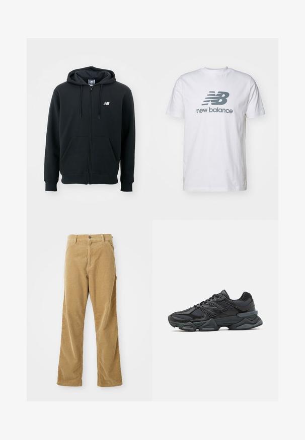 Black zip-up hoodie with a drawstring hood, front pockets, ribbed cuffs, and a small white logo on the left chest. Soft cotton blend material.; White cotton t-shirt featuring a gray "NB" logo and "new balance" text, short sleeves, classic crew neck design, smooth texture.; Tan corduroy pants with front pockets, belt loops, button closure, and straight leg cut laid flat on a white background.; Black running shoe featuring a mix of mesh and synthetic materials, chunky sole, curved design, and prominent branding on the side.
