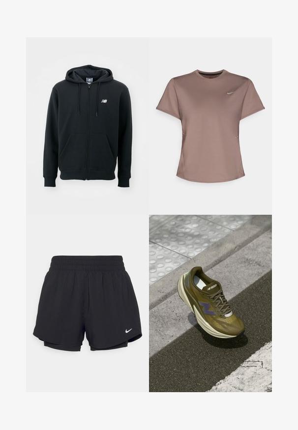 Black zip-up hoodie with a drawstring hood, front pockets, ribbed cuffs, and a small white logo on the left chest. Soft cotton blend material.; Brown athletic t-shirt with a crew neck, short sleeves, and subtle side slit details. Features a small reflective Nike logo on the chest.; Black athletic shorts with a gathered elastic waistband, inner lining, and white Nike logo on the lower left side. Smooth, lightweight fabric.; Olive green athletic shoe with a breathable upper mesh, cushioning midsole, purple logo accent, and textured rubber outsole for grip.