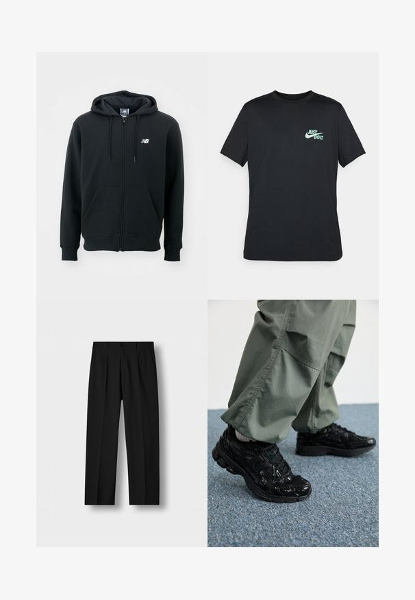 Czarna bluza z kapturem na zamek błyskawiczny, z kapturem ze sznurkiem, przednimi kieszeniami, ściągaczami na rękawach oraz małym białym logo na lewej piersi. Wykonana z miękkiego materiału mieszanki bawełny.; Czarna bawełniana koszulka z krótkimi rękawami i okrągłym dekoltem, z jasnoniebieskim logo "Just Do It" na górnej lewej części klatki piersiowej.; Czarne spodnie z teksturowanej tkaniny, z plisami, zapięciem na guziki z przodu oraz bocznymi kieszeniami. Prosty krój nogawek o dopasowanym fasonie.; Czarne sportowe sneakersy z błyszczącą i siateczkową teksturą, z grubą podeszwą i sznurowadłami, w połączeniu z luźnymi oliwkowymi spodniami cargo.