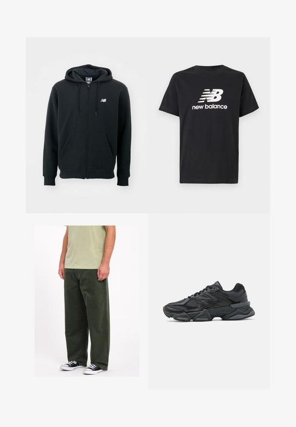 Schwarzer Reißverschluss-Hoodie mit einer Kapuze mit Kordelzug, vorderen Taschen, gerippten Bündchen und einem kleinen weißen Logo auf der linken Brust. Weiches Baumwollmischgewebe.; Schwarzes Baumwoll-T-Shirt mit einem weißen New Balance-Logo und Grafikdesign auf der Vorderseite. Kurze Ärmel und Rundhalsausschnitt.; Grüne Cord-Hosen mit weitem Bein und weicher Textur. Getragen mit einem hellgrünen Hemd und Schwarz-Weiß-Sneakers. Einfaches, praktisches Design.; Schwarzer Laufschuh mit einer Mischung aus Mesh- und sinthetischen Materialien, dicke Sohle, geschwungenes Design und auffälliger Markenkennzeichnung an der Seite.