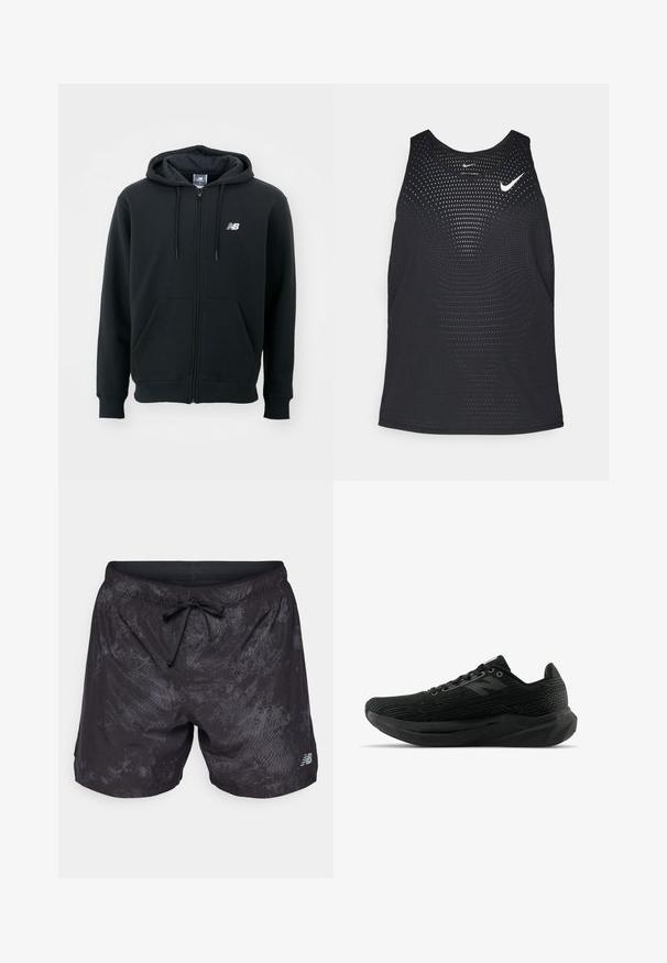 Fekete cipzáros kapucnis pulóver állítható kapucnival, elülső zsebekkel, bordás mandzsettákkal és egy kis fehér logóval a bal mellrészen. Puhaszövetű pamut keverékanyag.; Fekete sportos trikó perforált textúrával és kerek nyakkivágással. Elöl fehér Nike logó található.; New Balance PRINTED SHORT - Sport rövidnadrágok - castlerock; Fekete sportcipő textúrált felső résszel, karcsú dizájnnal, fűzős zárással és vastagabb, bordázott talppal, amely fokozza a tapadást.