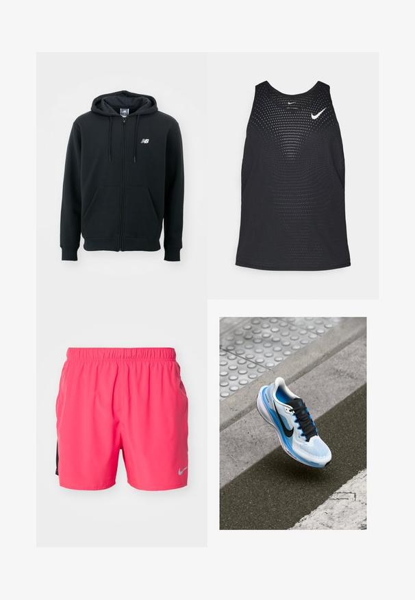 Juoda zip-up džemperis su raišteliu ant kapo, priekinėmis kišenėmis, gumele apdirbtomis rankovėmis ir maža balta logo ant kairės krūtinės. Minkšta medvilnės mišinio medžiaga.; Juodas sportinis maikutė su perforuota tekstūra ir apvalia apykakle. Ant krūtinės yra balta Nike logotipas.; Nike Performance CHALLENGER SHORT - Sportiniai šortai - aster pink/dark pony/black/silver; Balti ir mėlyni bėgimo bateliai su juodais raišteliais ir Nike swoosh, pakibę virš asfalto ir šaligatvio krašto.