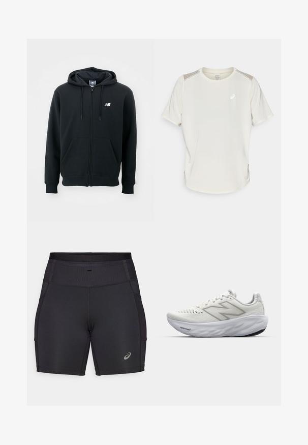 Czarna bluza z kapturem na zamek błyskawiczny, z kapturem ze sznurkiem, przednimi kieszeniami, ściągaczami na rękawach oraz małym białym logo na lewej piersi. Wykonana z miękkiego materiału mieszanki bawełny.; Kremowy, krótko rękawowy t-shirt sportowy z okrągłym dekoltem, siateczkowymi akcentami na ramionach i odblaskowym logo z przodu.; Czarne spodenki sportowe wykonane z elastycznej tkaniny. Posiadają wysoki, ribbowany pas i boczne kieszenie. Zawierają refleksyjny akcent z logo.; Białe buty sportowe z siateczkową cholewką, z wyściełanym kołnierzem, teksturowaną podeszwą i brandingiem "Fresh Foam" na śródpodeszwie.