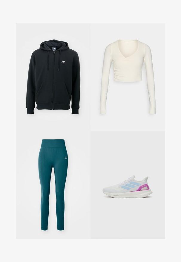 Črna zip-up kapuca z vrvico za kapuco, sprednjimi žepi, rebrastimi manšetami in majhnim belim logotipom na levi rami. Mehka bombažna mešanica.; Dolgimi rokavi, kremaste barve, kratki zgornji del s črnim dekoltejem in nabranimi podrobnostmi na strani, izdelan iz raztegljive tkanine za prilegajoč videz.; Hlače z visoko pasom v teal barvi, narejene iz raztegljivega materiala, z gladko teksturo in diskretnim mrežastim detajlom na spodnjem delu noge. Logotip na pasu.; adidas Performance PUREBOOST 5 - Tekaški copati za cesto - white/glow blue/purple burst