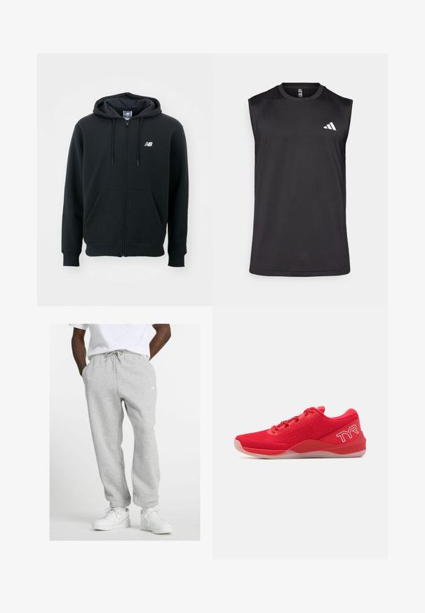 Mustat vetoketjuhuppari, jossa on kiristettävä huppu, etutaskut, ribbireunat ja pieni valkoinen logo vasemmassa rinnassa. Pehmeä puuvillasekoitemateriaali.; Mustat ilman hihoja urheilu toppi, joka on valmistettu hengittävästä kankaasta. Siinä on pyöreä kaula-aukko ja valkoinen logo vasemmassa yläkulmassa.; Mies, joka pitää päällään vaaleanharmaita verkkohousuja, joissa on nyöri, sekä valkoisia lenkkareita, seisoo kädet taskuissa valkoista taustaa vasten.; TYR CXT2 - Treenikenkä - red/white
