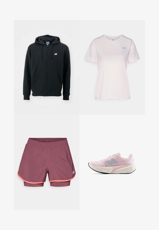Črna zip-up kapuca z vrvico za kapuco, sprednjimi žepi, rebrastimi manšetami in majhnim belim logotipom na levi rami. Mehka bombažna mešanica.; Svetlo roza atletska majica s kratkimi rokavi, izdelana iz mehkega materiala, s subtilno teksturo in majhnim modrim logotipom na levi strani prsnega koša.; Lahki, vinsko rdeči športni šorti z notranjo podlogo. Imajo kontrastne roza obrobe in elastičen pas za udobje.; Svetlo roza tekaški čevlji z mrežastim zgornjim delom, sivimi detajli, debelim belim podplatom in fleksibilnim črnim zunanjim podplatom. Imajo podloženi ovratnik in jezik.