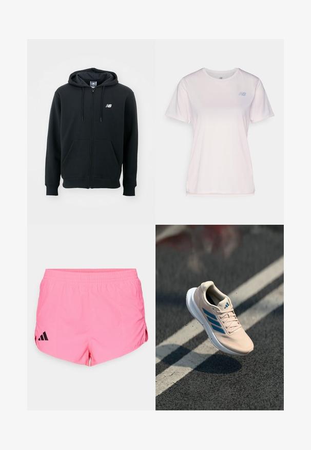 Črna zip-up kapuca z vrvico za kapuco, sprednjimi žepi, rebrastimi manšetami in majhnim belim logotipom na levi rami. Mehka bombažna mešanica.; Svetlo roza atletska majica s kratkimi rokavi, izdelana iz mehkega materiala, s subtilno teksturo in majhnim modrim logotipom na levi strani prsnega koša.; Svetlo roza atletske kratke hlače z črnim logotipom Adidas na levi strani, z elastičnim pasom in stranskimi razporki za prilagodljivost.; Svetlo roza športni čevelj z modrimi poudarki, zgornji del iz mrežastega materiala, zavezovanje z vezalkami in bel podplat. Ima tri stranske črte kot logotip.
