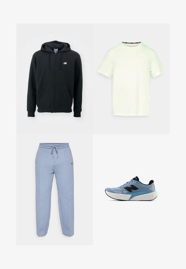 Juoda zip-up džemperis su raišteliu ant kapo, priekinėmis kišenėmis, gumele apdirbtomis rankovėmis ir maža balta logo ant kairės krūtinės. Minkšta medvilnės mišinio medžiaga.; Šviesiai žalia Nike marškinėliai su trumpomis rankovėmis, apvalia iškirpte ir maža balta logo ant krūtinės. Lygi, lengva medžiaga.; Šviesiai mėlyni sportiniai džinsai, pagaminti iš minkštos medžiagos, su raišteliu juosmens dalyje ir laisvu siluetu su siaurėjančiomis kojomis.; Šviesiai mėlynos spalvos bėgimo bateliai su juodu logo, storesne balta padanga ir juodu vidiniu pamušalu, matomi iš šono ant balto fono.