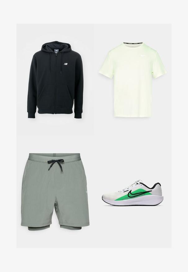 Melnā kapuce ar rāvējslēdzēju, ar regulējamu kapuci, priekšējām kabatām, ribotām aprocēm un mazu balto logotipu kreisajā krūtī. Mīksts kokvilnas sajaukuma materiāls.; Gaiši zaļš Nike T-krekls ar īsām piedurknēm, apaļu kakla izgriezumu un mazu baltu logo uz krūšu daļas. Gluda, viegla auduma.; Gaiši zaļi peldbikses ar auklu jostasvietā, gluda tekstūra un iekšējā oderē. Izceļas ar mazu logo sānos.; Balta sporta apava ar zaļu akcentu, melnu logo, sietiņu augšu, mīkstu zoli un noapaļotu papēdi. Iekļauj lences un kontrastējošas detaļas.