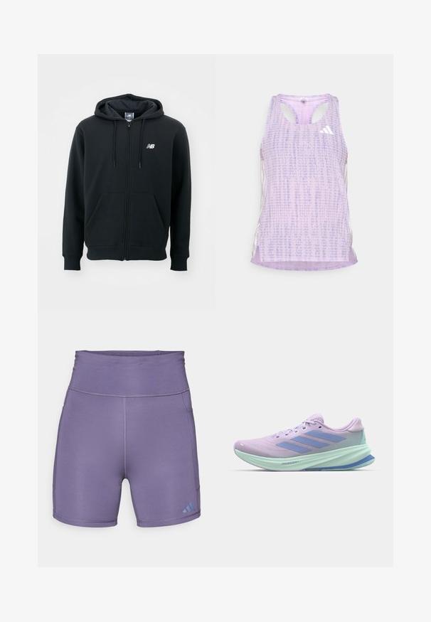 Must mustaga, millel on tõmblukk, reguleeritav kapuuts, esi-taskud, ribidega mansetid ja väike valge logo vasakul rinnakul. Pehme puuvillane segumaterjal.; Lilla sporditop, millel on mustriga tekstuuriga kangas. Omab lõikeid külgedes ja väikest valget logo ees.; Lilla sportlikud lühikesed püksid kõrge taljejoonega, siledast materjalist ja kontrastse sinise logoga vasakul all. Omavad lamedaid õmblusi.; Lilla jooksujalats hingava võrkkattega, millel on helesinised aktsendid ja kolme triibu logo. Kerge, pehmendatud tallakujundus.