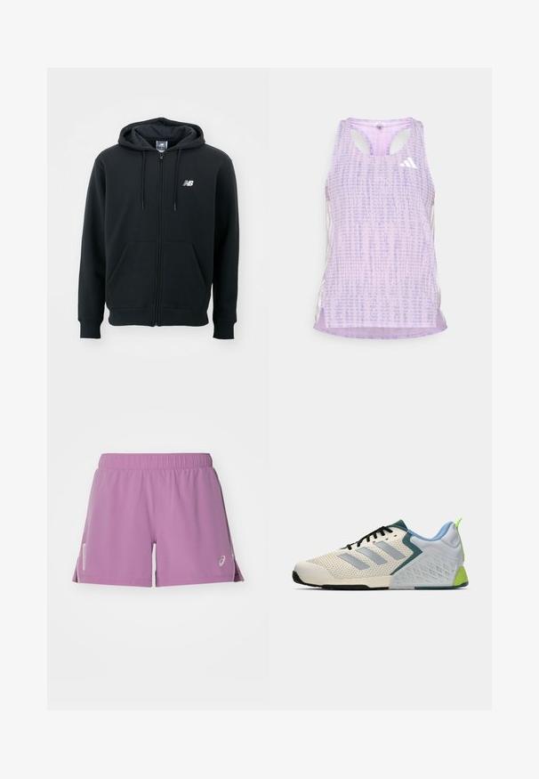 Crna dukserica na zatvaranje s kapuljačom na šnirc, prednjim džepovima, rebrastim manžetama i malim bijelim logom na lijevoj strani prsiju. Mekani materijal od pamuka.; Ljubičasti atletski top s uzorkovanom, teksturiranom tkaninom. Ima izrezane strane i mali bijeli logo na prednjoj strani.; Ljubičaste atletske kratke hlače s elastičnim pojasom, bočnim prorezima i reflektirajućim logotipom na donjem rubu. Izrađene su od lagane tkanine.; Lagane atletske cipele s gornjim dijelom od kremaste mreže, sivoj prugama, zelenim akcentom i teksturiranim plavim potporom pete. Crne vezice.