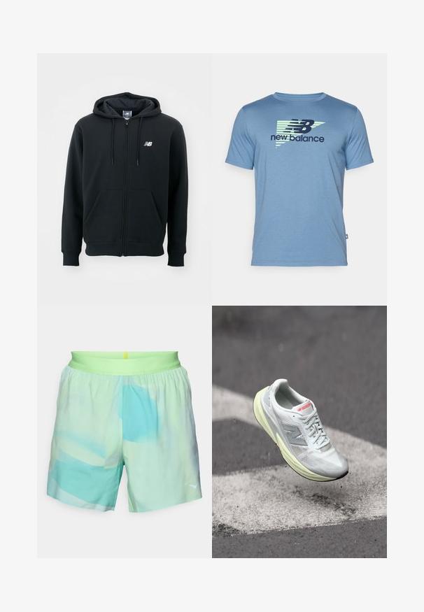 Felpa nera con zip e cappuccio regolabile, tasche frontali, polsini a costine e un piccolo logo bianco sul lato sinistro del petto. Materiale morbido in misto cotone.; New Balance HEATHERTECH GRAPHIC - T-Shirt sport - blue; Costumi da bagno da uomo, tessuto leggero, sfumatura pastello in verde e blu, vita elastica con accentuazione gialla, dettaglio del logo in fondo.; Scarpa da corsa leggera con tomaia in mesh bianco, intersuola gialla e accenti grigi. Presenta un logo ‘N’ prominente e una superficie testurizzata.