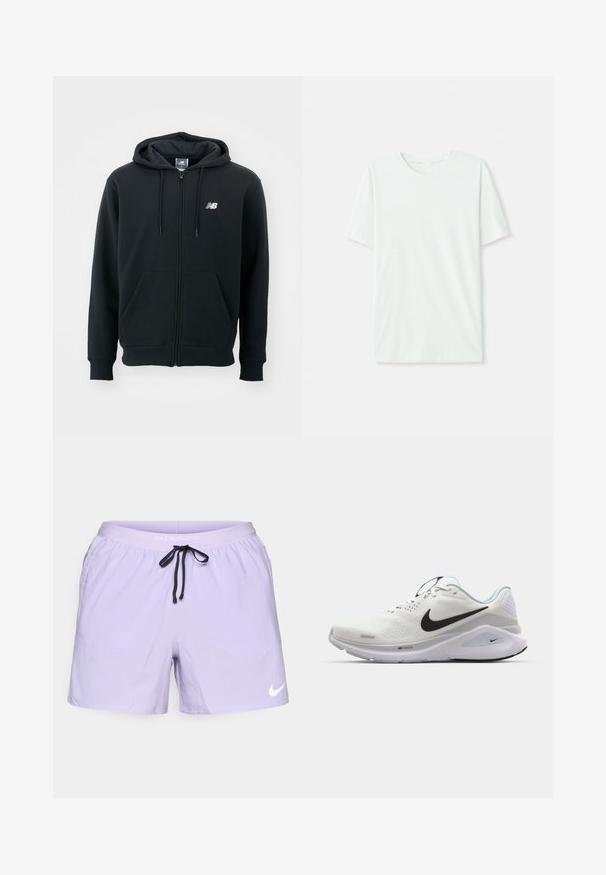 Sudadera con cremallera negra, capucha con cordón, bolsillos frontales, puños acanalados y un pequeño logo blanco en el lado izquierdo del pecho. Material suave de mezcla de algodón.; Camiseta de manga corta en verde menta claro, hecha de tela suave. Presenta un cuello redondo y un corte recto simple, sin adornos.; Pantalones cortos de running Nike en morado claro, con un lazo negro, cintura elástica y dos bolsillos laterales. Logo de Nike en blanco en la parte inferior derecha.; Nike Performance STRUCTURE 26 - Zapatillas running asfalto - white/black/pure platinum