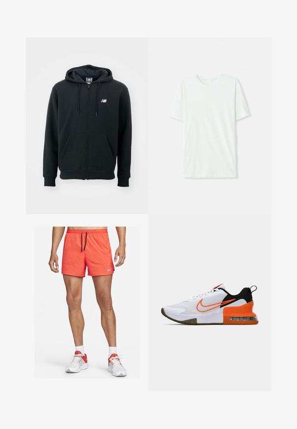 Juoda zip-up džemperis su raišteliu ant kapo, priekinėmis kišenėmis, gumele apdirbtomis rankovėmis ir maža balta logo ant kairės krūtinės. Minkšta medvilnės mišinio medžiaga.; Šviesiai mėtos žalios spalvos trumpų rankovių marškinėliai, pagaminti iš minkštos medžiagos. Turi apvalią iškirptę ir paprastą tiesų siluetą be dekoro.; Nike vyriški bėgimo šortai ryškiai oranžinės spalvos, su elastine juosta ir raišteliu, šoninėmis kišenėmis ir mažos pilkos spalvos logotipo akcentu.; Baltas sportinis batas su tekstūruota tinkline viršutine dalimi, juodais ir oranžiniais akcentais, storu guminio pado sluoksniu ir AIr pagalvės skaidriąja dalimi kulne.