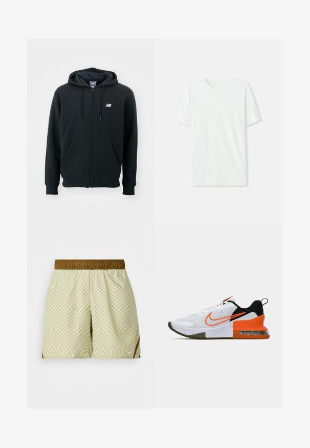 Sudadera con cremallera negra, capucha con cordón, bolsillos frontales, puños acanalados y un pequeño logo blanco en el lado izquierdo del pecho. Material suave de mezcla de algodón.; Camiseta de manga corta en verde menta claro, hecha de tela suave. Presenta un cuello redondo y un corte recto simple, sin adornos.; Pantalones cortos verde claro con un patrón de diamantes, cinturilla elástica marrón y detalles laterales. Elaborados con tejido transpirable para mayor comodidad.; Zapatilla deportiva blanca con parte superior de malla texturizada, acentos en negro y naranja, suela de goma gruesa y una sección de cojín de aire transparente en el talón.