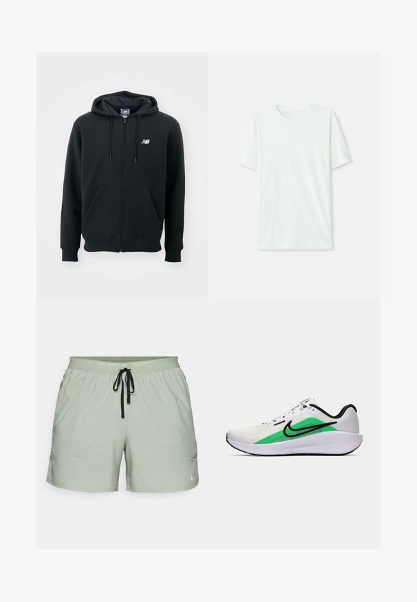 Schwarzer Reißverschluss-Hoodie mit einer Kapuze mit Kordelzug, vorderen Taschen, gerippten Bündchen und einem kleinen weißen Logo auf der linken Brust. Weiches Baumwollmischgewebe.; Helles mintgrünes T-Shirt mit kurzen Ärmeln aus weichem Stoff. Es hat einen Rundhalsausschnitt und einen schlichten, geraden Schnitt ohne Verzierungen.; Nike Performance STRIDE - Kurze Sporthose - jade horizon/black/reflective silver; Weißer Sportschuh mit grünem Akzent, schwarzem Logo, oberer Schicht aus Netzmaterial, gepolsterter Sohle und abgerundetem Absatz. Verfügt über Schnürsenkel und kontrastierende Details.