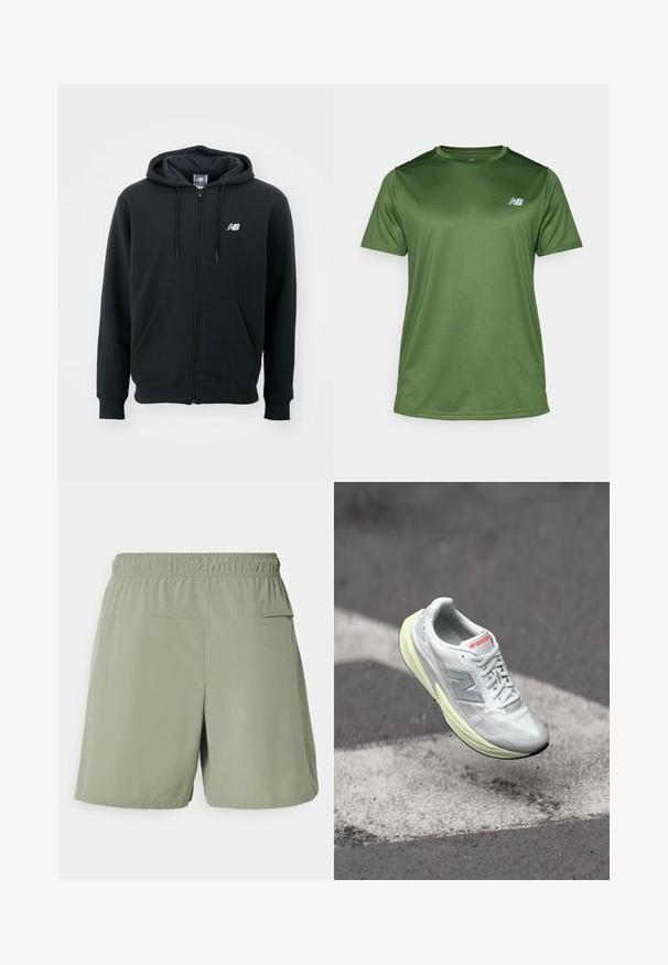 Fekete cipzáros kapucnis pulóver állítható kapucnival, elülső zsebekkel, bordás mandzsettákkal és egy kis fehér logóval a bal mellrészen. Puhaszövetű pamut keverékanyag.; New Balance Sportfelső - dark alpine green; Nike Performance UNLIMITED - Sport rövidnadrágok - dark stucco; Könnyű futócipő fehér hálós felsőrésszel, sárga középtalppal és szürke akcentusokkal. Jellemzője a feltűnő "N" logó és a texturált felület.