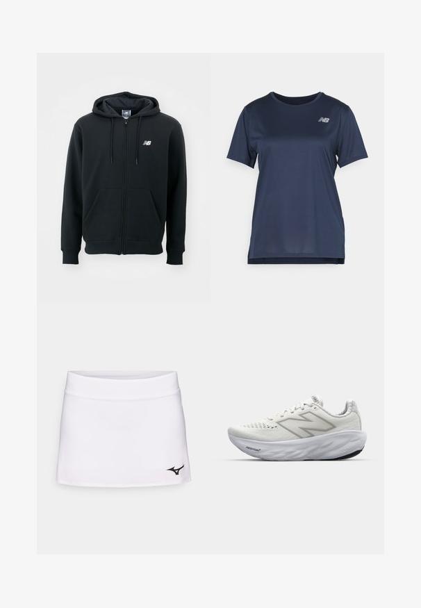 Crna dukserica na zatvaranje s kapuljačom na šnirc, prednjim džepovima, rebrastim manžetama i malim bijelim logom na lijevoj strani prsiju. Mekani materijal od pamuka.; Mornariće plava atletska majica s kratkim rukavima, sa rebrastom teksturom i srebrnim logotipom na gornjoj lijevoj strani. Dizajn sa opuštenim krojem.; Bijela sportska suknja s prilagođenim pojasom i ravnim krojem. Ima crni logo na donjem lijevom dijelu. Glatka tekstura tkanine.; Bijele atletske cipela s mrežastim gornjim dijelom, s podstavljenim ovratnikom, teksturiranim potplatima i brendiranjem "Fresh Foam" na srednjem dijelu.