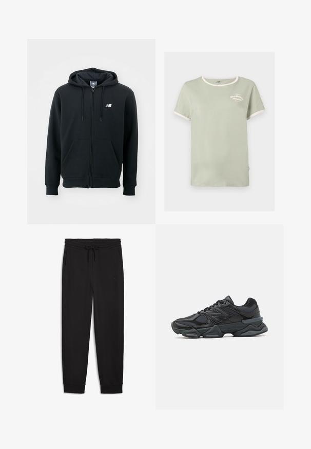 Zwarte zip-up hoodie met een trekkoordkap, voorzakken, geribbelde manchetten en een klein wit logo op de linker borst. Zacht katoenmix materiaal.; Mintgroene katoenen T-shirt met een ronde halslijn, contrasterende witte ribbelrand en subtiele 'New Balance Athletics' tekst in witte borduursel.; Zwarte sweatpants gemaakt van zachte stof, met een elastische tailleband met trekkoord, zijzakken en ribgebreide boorden bij de enkels.; Zwarte hardloopschoen met een mix van mesh en synthetische materialen, een stevige zool, gebogen ontwerp en prominente branding op de zijkant.