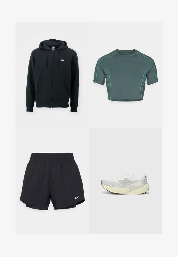 Hanorac negru cu fermoar, cu glugă cu șnur, buzunare frontale, manșete cu nervuri și un mic logo alb pe pieptul stâng. Material moale dintr-un amestec de bumbac.; Top scurt din țesătură verde închis, cu mâneci scurte, cusături contrastante de un verde deschis și un decolteu rotund, având un design ajustat.; Shorts atletici negri cu un talie elastică strânsă, căptușeală interioară și logo-ul alb Nike în partea stângă jos. Material neted și ușor.; Pantofle de alergare ușoare cu un exterior din plasă gri și alb, un logo 'N' proeminent și un branț galben cu accente unghiulare. Talpă neagră.