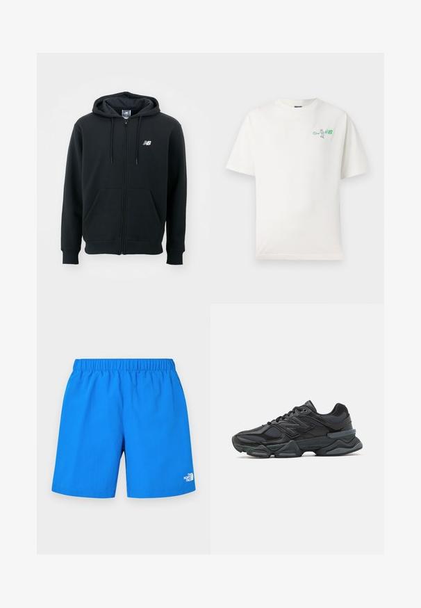 Schwarzer Reißverschluss-Hoodie mit einer Kapuze mit Kordelzug, vorderen Taschen, gerippten Bündchen und einem kleinen weißen Logo auf der linken Brust. Weiches Baumwollmischgewebe.; Weißes Baumwoll-T-Shirt mit Rundhalsausschnitt, kurzen Ärmeln und einem grünen Grafikdruck eines Tennisspielers auf der linken Brustseite. Weicher Stoff.; Blaue Badehose mit einem elastischen Bund, aus leichtem Material. Mit dem weißen Logo von The North Face an der unteren Seite.; Schwarzer Laufschuh mit einer Mischung aus Mesh- und sinthetischen Materialien, dicke Sohle, geschwungenes Design und auffälliger Markenkennzeichnung an der Seite.