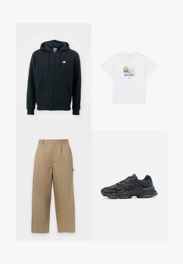 Black zip-up hoodie with a drawstring hood, front pockets, ribbed cuffs, and a small white logo on the left chest. Soft cotton blend material.; White cotton t-shirt featuring a printed design of a blue car and a tree in soft colors, centered on the front above the brand name.; Beige wide-leg trousers made of cotton blend, featuring a high waist, front pleats, and two side pockets with a button closure.; Black running shoe featuring a mix of mesh and synthetic materials, chunky sole, curved design, and prominent branding on the side.