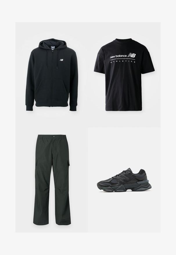 Black zip-up hoodie with a drawstring hood, front pockets, ribbed cuffs, and a small white logo on the left chest. Soft cotton blend material.; Black cotton t-shirt featuring a crew neck, short sleeves, and white "new balance" and "ATHLETICS" text graphics on the front.; Dark green cargo pants with a relaxed fit, elastic waistband, stitched pockets, and a smooth, lightweight fabric texture.; Black running shoe featuring a mix of mesh and synthetic materials, chunky sole, curved design, and prominent branding on the side.