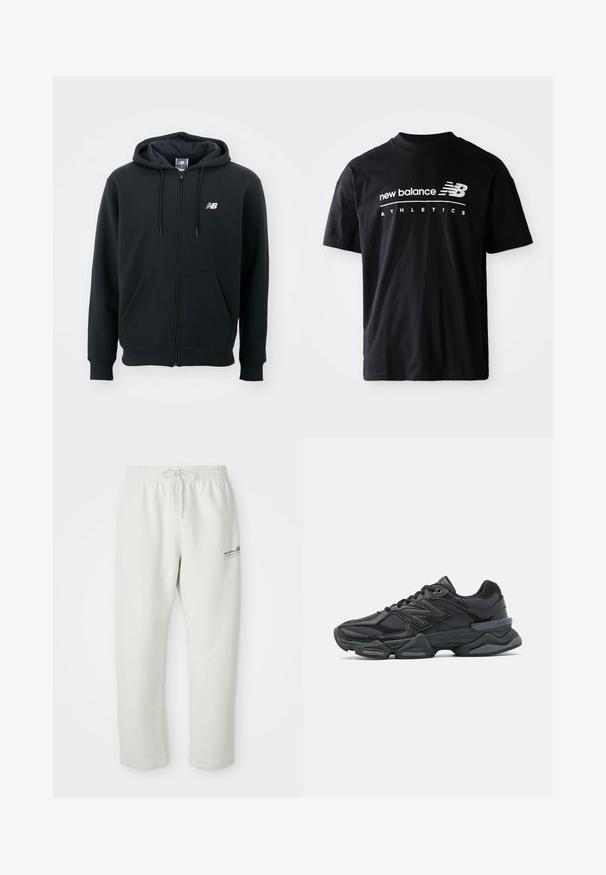 Hanorac negru cu fermoar, cu glugă cu șnur, buzunare frontale, manșete cu nervuri și un mic logo alb pe pieptul stâng. Material moale dintr-un amestec de bumbac.; Tricou negru din bumbac, cu guler rotund, mâneci scurte și grafică albă cu textul "new balance" și "ATHLETICS" pe față.; Pantaloni de jogging gri deschis, confecționați dintr-un material moale, având un brâu elastic cu șnur și un detaliu mic al logo-ului pe coapsa stângă.; Pantofari de alergare negri, cu un amestec de plasă și materiale sintetice, talpă masivă, design curbat și branding proeminent pe lateral.