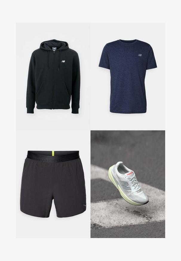 Must mustaga, millel on tõmblukk, reguleeritav kapuuts, esi-taskud, ribidega mansetid ja väike valge logo vasakul rinnakul. Pehme puuvillane segumaterjal.; Tumed sinine puuvillane T-särk lühikeste varrukatega, ümar kaelus ja väike hall logo vasakul rinnalihas. Pehme, tekstuuriga kangas.; Mustad mustad lühikesed püksid sujuva tekstuuriga, elastse vöökoha, millel on kollane aktsent, ning väikese logoga alumises paremas nurgas.; Kerge jooksujalanõud, millel on valgest kangast pealisosa, kollane vaheosas ja hallid aktsendid. Omab silmapaistvat „N“ logo ja tekstureeritud pinna.