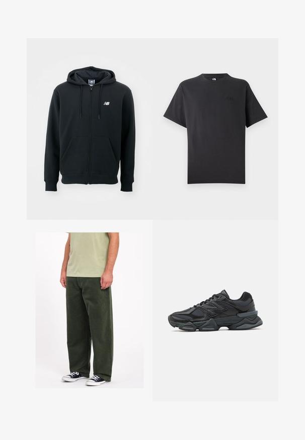 Felpa nera con zip e cappuccio regolabile, tasche frontali, polsini a costine e un piccolo logo bianco sul lato sinistro del petto. Materiale morbido in misto cotone.; Maglietta in cotone nera con maniche corte e scollatura a girocollo. Presenta un piccolo logo in rilievo nell'area superiore sinistra del petto. Design semplice.; Pantaloni ampia in velluto a coste verde con una texture morbida. Indossati con una camicia verde chiaro e sneaker bianco e nero. Design semplice e pratico.; Scarpa da corsa nera con una combinazione di materiali in rete e sintetici, suola spessa, design curvo e marchio ben visibile sul lato.