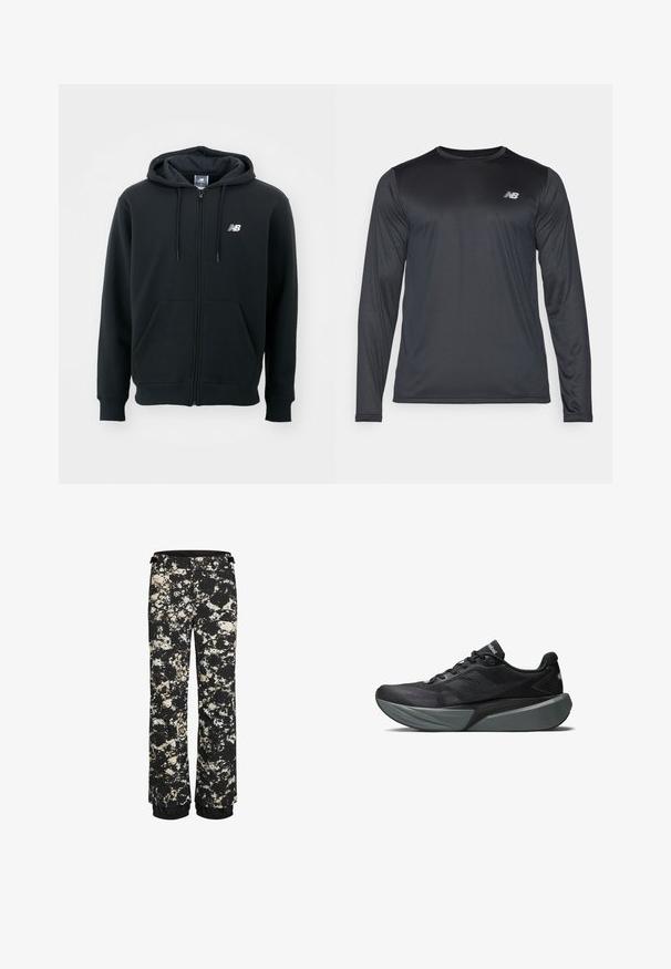 Schwarzer Reißverschluss-Hoodie mit einer Kapuze mit Kordelzug, vorderen Taschen, gerippten Bündchen und einem kleinen weißen Logo auf der linken Brust. Weiches Baumwollmischgewebe.; Schwarz, langärmliges Sportshirt aus glattem, leichtem Stoff mit subtiler Textur. Mit kleinem Logo auf der linken oberen Brust.; Schwarze wasserfeste Schneehosen mit einem Spritzer-Muster in Creme und Braun. Verfügt über einen elastischen Saum und einen verstellbaren Bund.; Schwarzer Sportschuh mit einem Obermaterial aus Mesh und strukturierten Überzügen. Verfügt über eine dicke graue Zwischensohle und ein schlankes Design. Kontrastierendes Logo an der Seite.