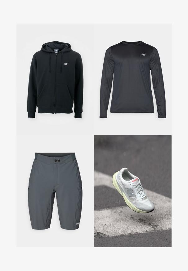 Svart hettejakke med glidelås, snorhette, frontlommer, ribbede mansjetter og en liten hvit logo på venstre bryst. Myk bomullsblanding.; Langermet treningsskjorte i svart, laget av glatt, lett stoff med en subtil tekstur. Har en liten logo på øvre venstre bryst.; Grå sykkelshortser med en jevn tekstur, med bred linning, to knapper og sidelommer. "LE COL" logo i hvitt ved kanten.; Lett løpesko med et hvitt mesh-overdel, gul mellomsåle og grå detaljer. Har et fremtredende 'N'-logo og teksturert overflate.
