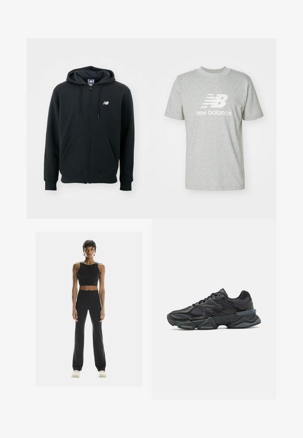 Crna dukserica na zatvaranje s kapuljačom na šnirc, prednjim džepovima, rebrastim manžetama i malim bijelim logom na lijevoj strani prsiju. Mekani materijal od pamuka.; Svijetlosivi pamučni majica s kratkim rukavima, okruglim izrezom i istaknutim bijelim logotipom "New Balance" na prednjoj strani.; On STUDIO - Tajice - black; Crne trkačke tenisice izrađene od kombinacije mrežastih i sintetičkih materijala, s debelim potplatom, zakrivljenim dizajnom i istaknutim brendom sa strane.