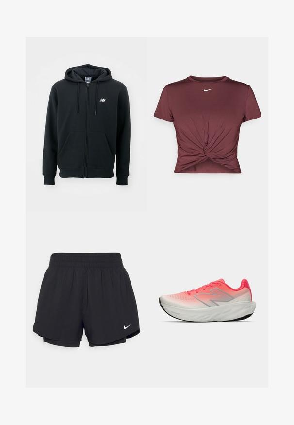 Sweatshirt preto com fecho éclair, capuz com cordão, bolsos frontais, punhos canelados e um pequeno logótipo branco no lado esquerdo do peito. Material macio em mistura de algodão.; T-shirt em algodão mesclado na cor bordeaux com mangas curtas, decote redondo e detalhe frontal em nó. Apresenta um logo branco da Nike no peito.; Calções atléticos pretos com um cós elástico franzido, forro interior e o logótipo da Nike em branco no lado inferior esquerdo. Tecido suave e leve.; Sapatilha desportiva com um upper de malha degradê em rosa e branco, apresentando um logo prateado, sola almofadada e sola exterior em borracha texturizada.