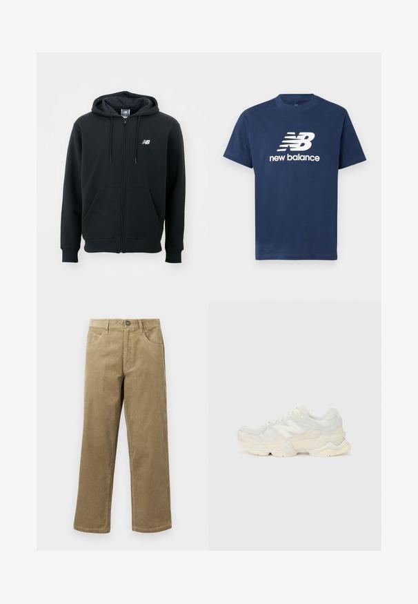 Čierna mikina na zips s kapucňou na stiahnutie, prednými vreckami, rebrovanými manžetami a malým bielym logom na ľavej hrudi. Mäkký materiál z bavlneného zmesi.; Námořnická modrá bavlněná tričko s krátkými rukávy a kulatým výstřihem. Na přední straně se nachází bílé logo "NB" a text "new balance".; Béžové kordové nohavice so striženými nohavicami, piatimi vreckami a gombíkovým zapínaním. Textúrovaná tkanina s jemným lemovaním.; Ľahká teniska s vrchom z nylonovej sieťoviny a zamatovej kože v jemných krémových odtieňoch, so robustnou podrážkou a trojrozmernými akcentmi.