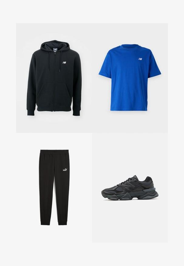 Black zip-up hoodie with a drawstring hood, front pockets, ribbed cuffs, and a small white logo on the left chest. Soft cotton blend material.; Blue cotton t-shirt with a round neckline and short sleeves. Features a small white "NB" logo on the chest. Simple design, no patterns.; Black sweatpants made of soft fabric, featuring an elastic waistband, side pockets, and a white Puma logo on the left side.; Black running shoe featuring a mix of mesh and synthetic materials, chunky sole, curved design, and prominent branding on the side.