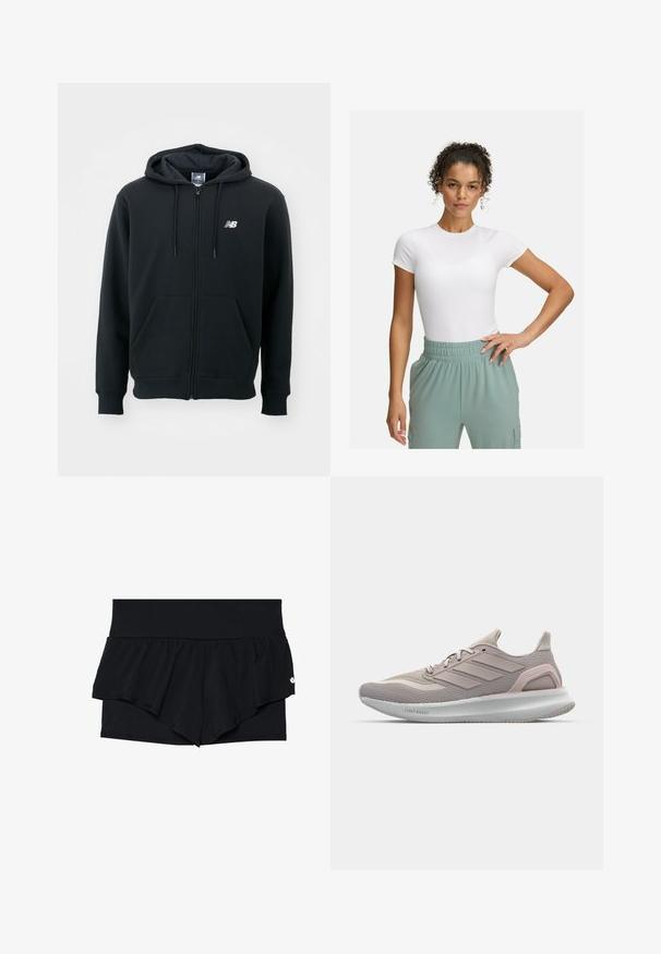 Mustat vetoketjuhuppari, jossa on kiristettävä huppu, etutaskut, ribbireunat ja pieni valkoinen logo vasemmassa rinnassa. Pehmeä puuvillasekoitemateriaali.; Valkoinen muotoiltu t-paita lyhyillä hihoilla, yhdistettynä vaaleanvihreisiin joustaviin vyötäröhousuihin. Sileä pinta, minimalistinen muotoilu ja ei näkyviä kuvioita.; Mustat urheilushortsit, joissa on kerroksellinen rypytysdesign. Ulompi kerros on sileä, kun taas sisempi on teksturoitua, reikäkuvioista kangasta.; Keve sportskot u svijetlo ružičastoj i sivoj boji s prozračnim pletenim gornjim dijelom, featuring tri bočne pruge i udoban bijeli potplat.