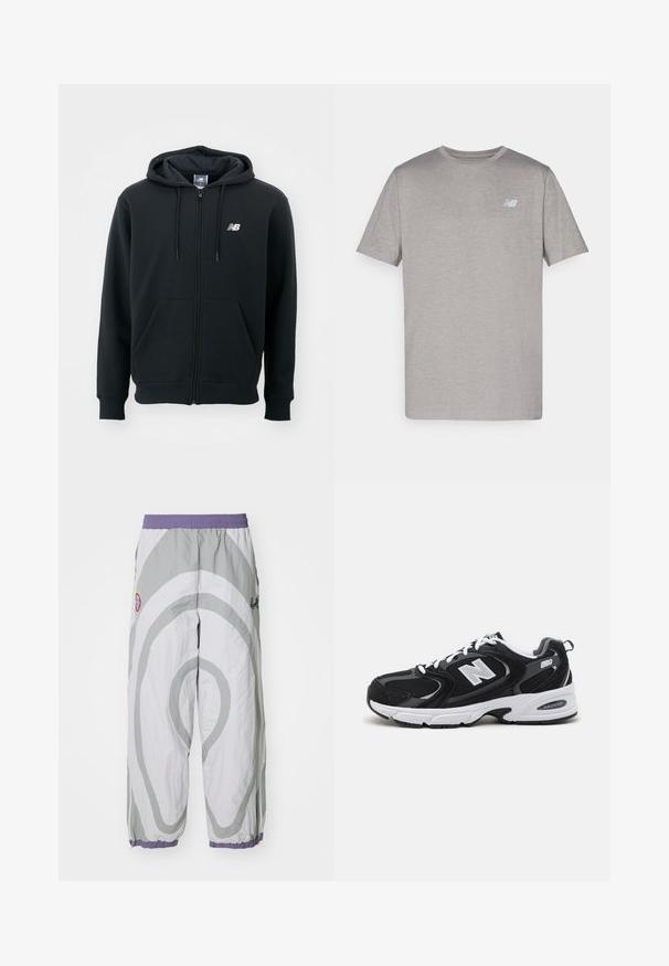 Črna zip-up kapuca z vrvico za kapuco, sprednjimi žepi, rebrastimi manšetami in majhnim belim logotipom na levi rami. Mehka bombažna mešanica.; Siva kratka majica s kratkimi rokavi iz mehkega materiala, ki ima na levem prsnem delu subtilen logotip v svetlo modri barvi. Okrogli izrez, običajen kroj.; Lahki, sivi, vzorirani hlače z belim vijugastim dizajnom. Imajo elastičen pas in zožene manšete z vijoličnimi poudarki.; Črne in sive športne čevlje z zgornjim delom iz mrežaste in semiš usnja, s belim srednjim podplatom, vezalkami in močnim logotipom "N" na strani.