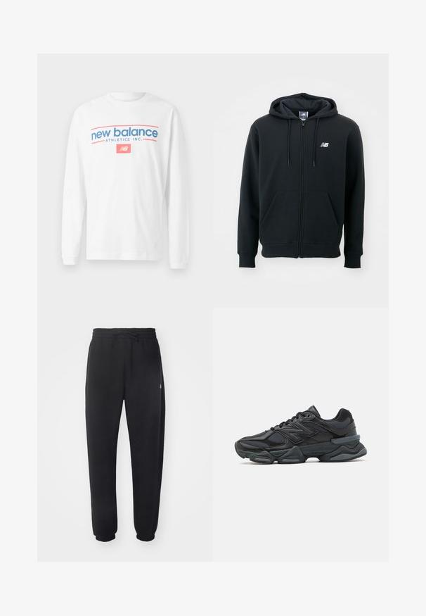 Mustat vetoketjuhuppari, jossa on kiristettävä huppu, etutaskut, ribbireunat ja pieni valkoinen logo vasemmassa rinnassa. Pehmeä puuvillasekoitemateriaali.; Valkoinen pitkähihainen t-paita, joka on valmistettu puuvillasta; siinä on "new balance" ja "ATHLETICS INC." sinisessä ja vaaleanpunaisessa tekstissä, sekä logo etupuolella.; Mustat collegehousut, jotka on valmistettu pehmeästä materiaalista, joustavalla vyötärönauhalla, narukiristimellä ja kavennetuilla lahkeilla, joissa on huomaamaton logo sivussa.; Musta juoksukenkä, jossa on yhdistelmä verkko- ja synteettisiä materiaaleja, paksu pohja, kaareva muotoilu ja näkyvä brändäys sivussa.