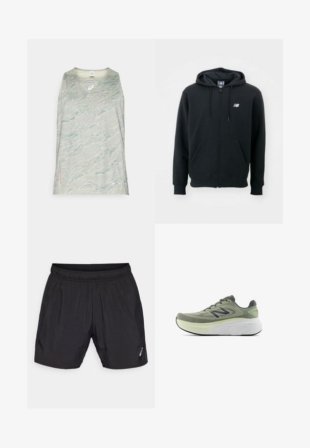 Czarna bluza z kapturem na zamek błyskawiczny, z kapturem ze sznurkiem, przednimi kieszeniami, ściągaczami na rękawach oraz małym białym logo na lewej piersi. Wykonana z miękkiego materiału mieszanki bawełny.; Jasnoszara bezrękawnik sportowy z falistym wzorem w odcieniach niebieskiego i zielonego, z małym logo i metką na dolnym brzegu.; Czarne spodenki sportowe wykonane z lekkiego materiału, z elastycznym pasem i małym logo po lewej stronie u dołu.; Zielono-czarne buty do biegania New Balance z siateczkową cholewką, grubą białą podeszwą środkową z amortyzacją i czarną podeszwą zewnętrzną, przedstawione w profilu bocznym na białym tle.