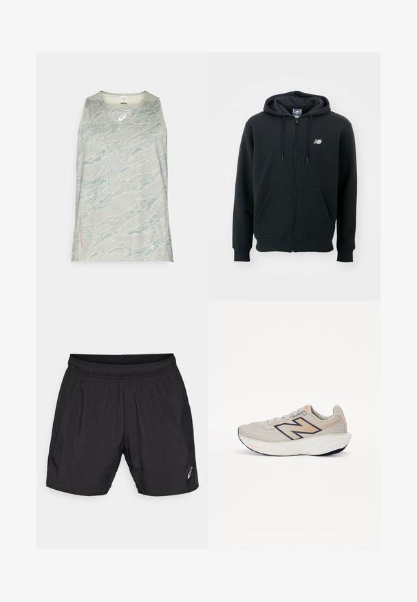 Schwarzer Reißverschluss-Hoodie mit einer Kapuze mit Kordelzug, vorderen Taschen, gerippten Bündchen und einem kleinen weißen Logo auf der linken Brust. Weiches Baumwollmischgewebe.; Hellgraues ärmelloses Sportoberteil mit Wellenmuster in Blau- und Grüntönen, mit einem kleinen Logo und einem Etikett am Saum.; Schwarze sportliche Shorts aus leichtem Material, mit einem elastischen Bund und einem kleinen Logo auf der unteren linken Seite.; Hellgrauer Laufschuh mit einem Obermaterial aus Mesh, dunklen marineblauen Akzenten und einer gepolsterten weißen Zwischensohle. Ausgestattet mit einem auffälligen "N"-Logo und strukturiertem Design.